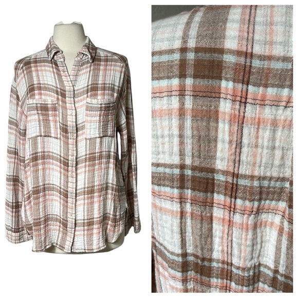 ACE delivery Tops - ACE delivery Gauze Plaid Button Front Shirt White Brown Peach SZ L